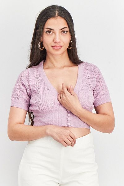 Cotton On Women V-neck Short Sleeve Knitted Top, Lilac