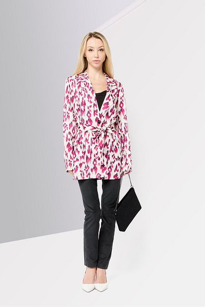 Scotch & Soda Women Regular Fit Allover Print Belted Casual Blazer, Multicolor