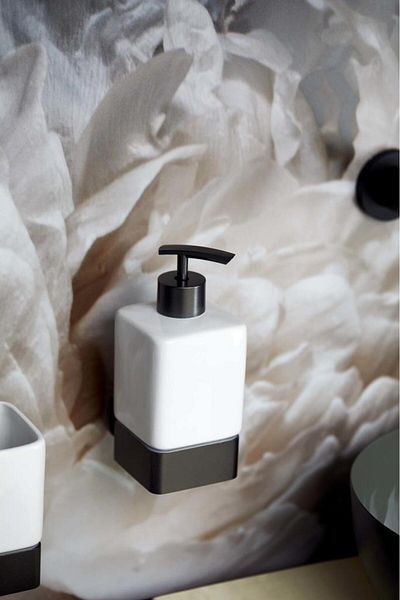 Saban Wall Mounted Soap Dispenser – 360 ml Capacity with Dark Gray Aluminum Holder with Ceramic Bottle