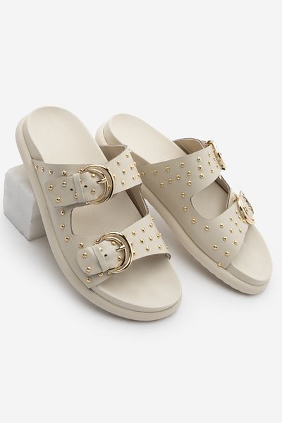 Marjin Women's Genuine Leather Buckle Studded Daily Slippers Lipaz Ecru
