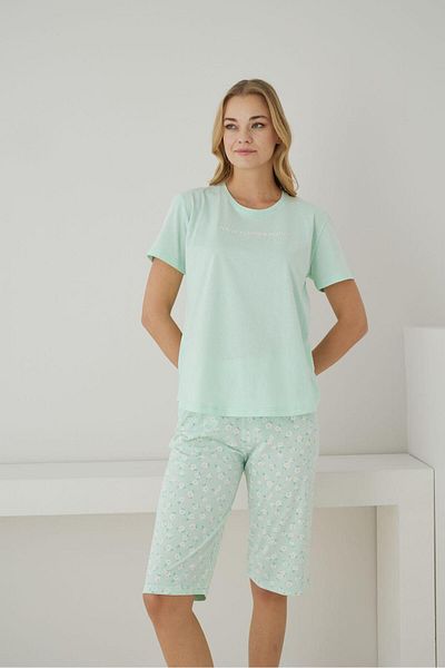 FORMO Women's 100% Organic Cotton Mint Floral Patterned Short Sleeve Capri Natural Pajama Set