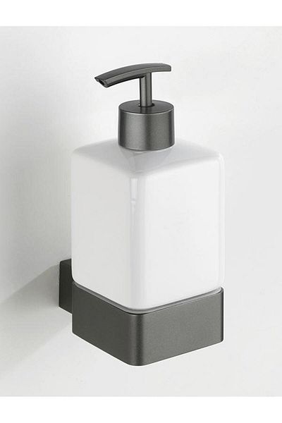 Saban Wall Mounted Soap Dispenser – 360 ml Capacity with Dark Gray Aluminum Holder with Ceramic Bottle