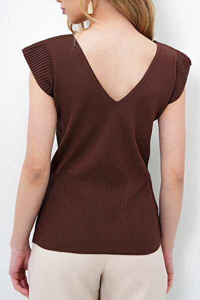 VAGGON Women's Brown Front Back V-Neck Summer Knitwear Blouse Prmx14051