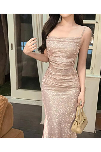La Saade Y2k İnce Askılı Pembe Simli Elbise