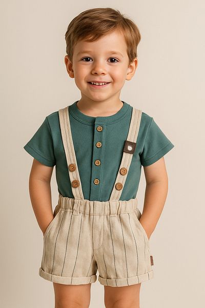 Nimini Kids New Season Baby Boy T-Shirt and Shorts Salopet - Linen Blended, Button Detailed (6-24 Months)