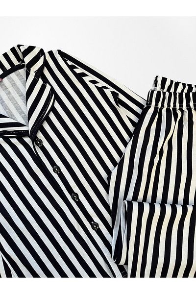 Pajama Shop Set de pijamale cu mânecă lungă, 100% bumbac, cu model în dungi negre, guler de cămașă