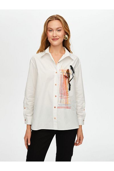 Faik Sönmez Women's Poplin Shirt with Print and Embroidery Detail