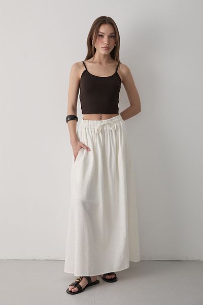 JASTE Women's Ecru Lined Linen Skirt with Elastic Waist and Double Pockets