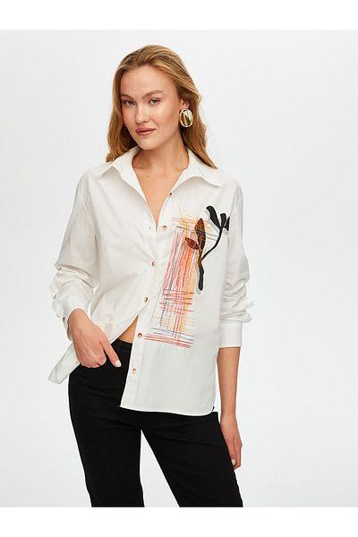 Faik Sönmez Women's Poplin Shirt with Print and Embroidery Detail