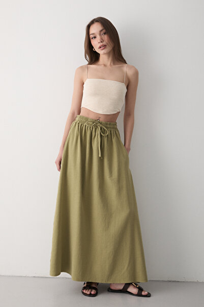 JASTE Kadın Haki Beli Lastikli Çift Cepli Keten Haki Etek