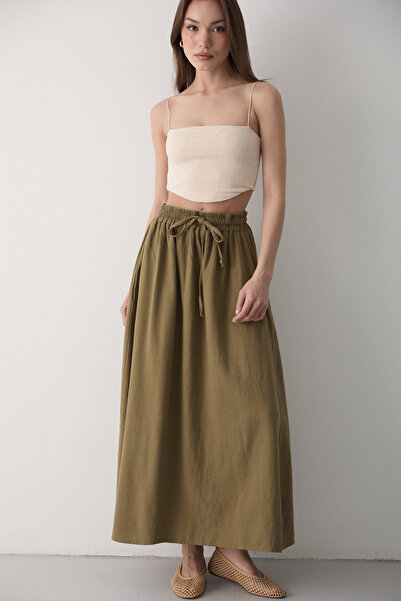 JASTE Women's Dark Khaki Elastic Waist Double Pocket Linen Skirt