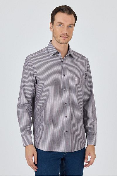 İmza Long Sleeve Striped Pattern Dobby Hard Collar Pocket Cotton Classic Comfort Fit Shirt 1004250173