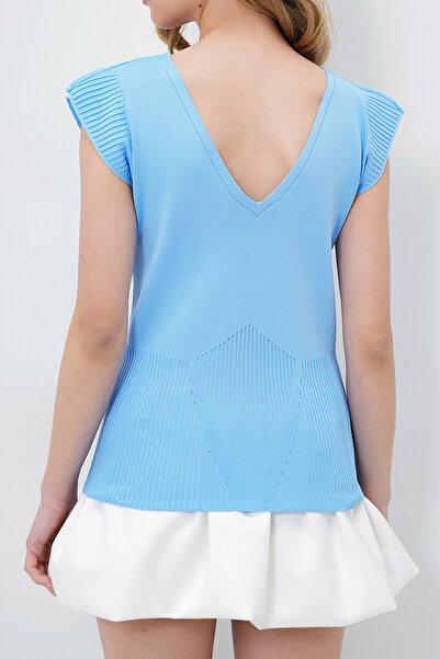 VAGGON Women's Blue Front Back V-Neck Summer Knitwear Blouse Prmx14051