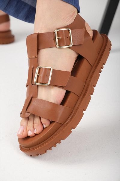 Mio Gusto Trude Tan Color Buckle Women's Sandals