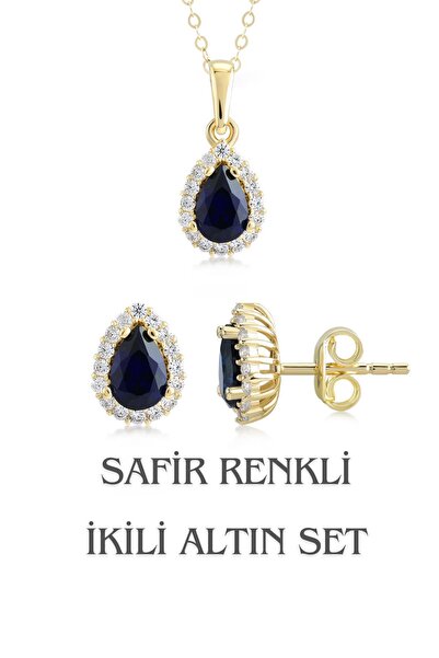 Hepimitu Damla Taşlı Safir Renkli İkili Altın Set 14 Ayar