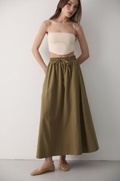 JASTE Women's Dark Khaki Elastic Waist Double Pocket Linen Skirt