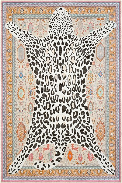 Cool Halı Jagora Leopar Halı Kaplan Desenli Vintage Bej Şönil Halı Makinede Y...