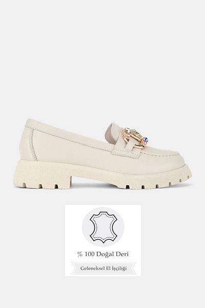 TUNAELLİ Women Beige Genuine Natural Leather 36-41 Number Stone Loafer Shoes