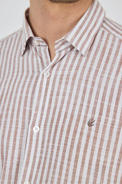 İmza Καφέ πουκάμισο με κοντό μανίκι χωρίς τσέπες από βαμβακερό casual Comfort Fit πουκάμισο 1004250128