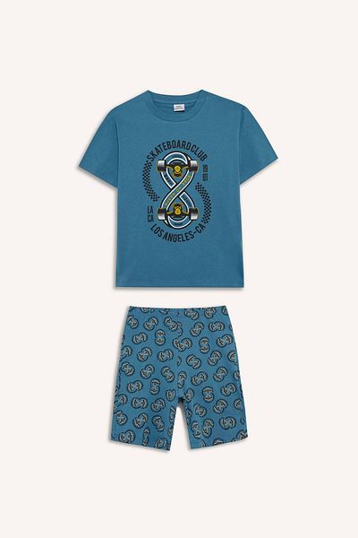 DeFacto D9989 Blue Boy's Pajama Set Printed Short Sleeve Top with Pattern Shorts