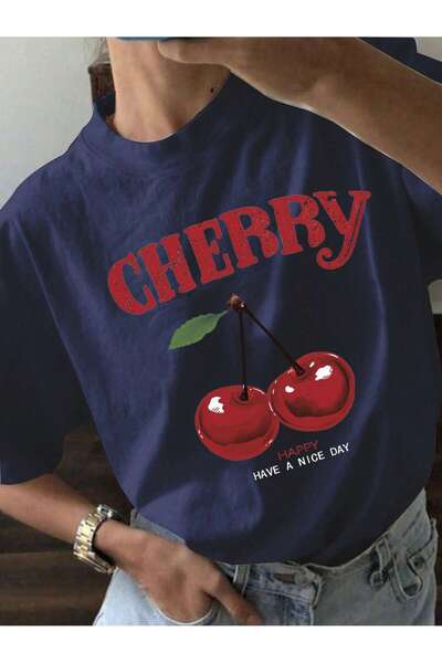 EYAX MODA Tricou pentru damă, cu imprimeu de cireșe, cu gâtul turnat