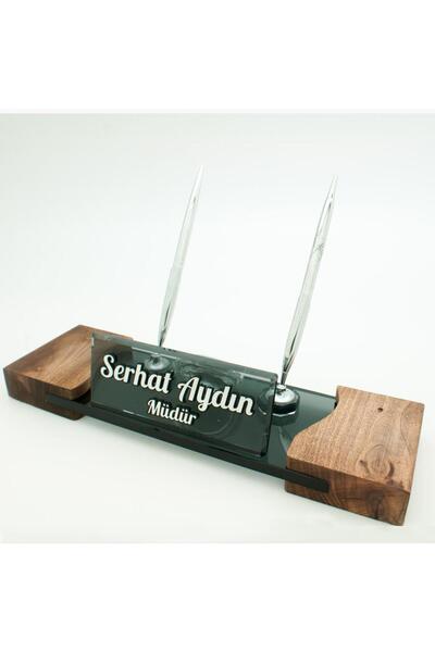 Ofistike Masif Ayaklı Masa Isimliği Gümüş Kristal Ahşap Ağaç Isimlik