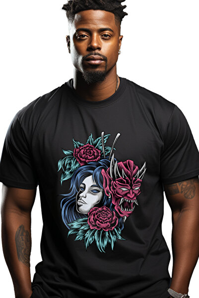 StoryGift Romania Tricou bărbătesc cu monstru, femeie, cap de demon, flori, f...