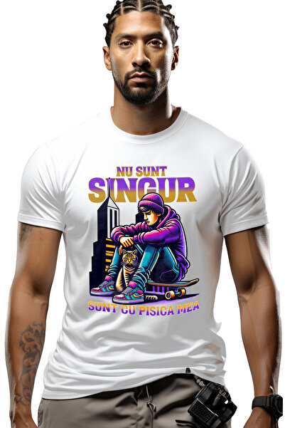 StoryGift Romania Tricou Barbati Baiat Pe Skateboard Cu O Pisica, Text Nu Sun...