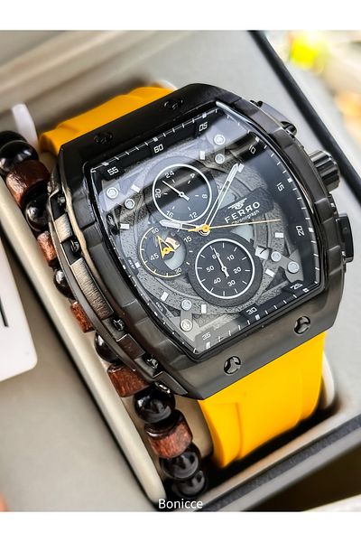 FERRO Sports Men's Watch, Active Functions, Yellow Silicone, with Calendar, Bracelet Gift