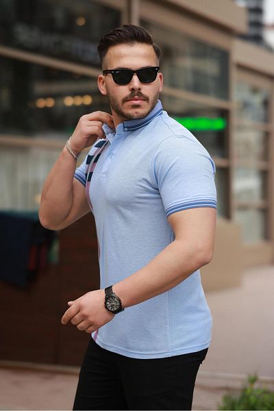 Miron Tricou cu mânecă scurtă cu guler polo cu imprimeu albastru gheață -2519