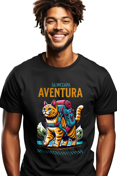 StoryGift Romania Tricou Barbati Sa Inceapa Aventura, Motan Cu Rucsac, Pisica...