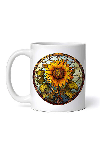 OEM Cană albă personalizată, floarea-soarelui rotundă din vitraliu cu frunze,...