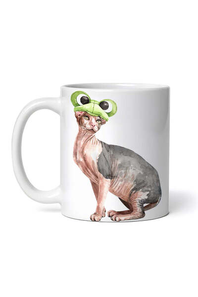 OEM Εξατομικευμένη λευκή κούπα, Άτριχη γάτα με καπέλο, INOVATIX®. 330ml