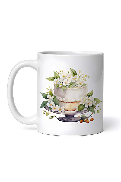 OEM Cană albă personalizată, Tort de nuntă cu flori de iasomie, INOVATIX®. 330ml