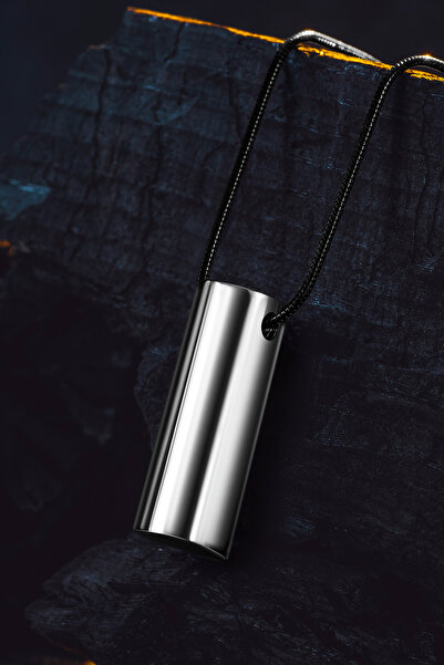 OSMANLI GÜMÜŞ Corelum Secret Çelik İsimli Silindir Erkek Kolye 3 cm Parlak Gizli Tasarım