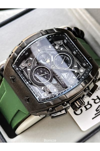 FERRO Sport Men's Watch, Active Functions, Green Silicone, with Calendar, Bracelet Gift