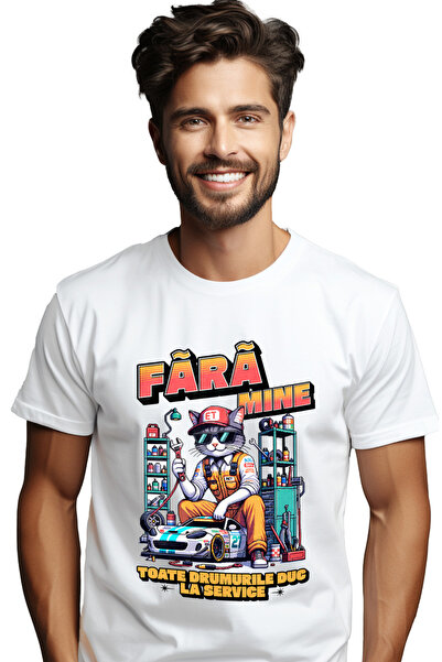 StoryGift Romania Tricou Barbati Pisica Mecanic Text Fara Mine, Toate Drumuri...
