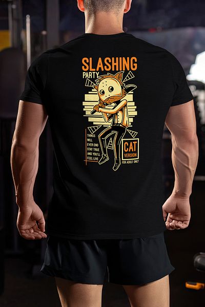 StoryGift Romania Men's T-Shirt With Orange Cat Costumed With Mask And Baseball Bat, Text In English Stg