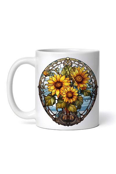 OEM Cană albă personalizată, floarea-soarelui ovală din vitraliu albastru, INOVATIX®. 330ml