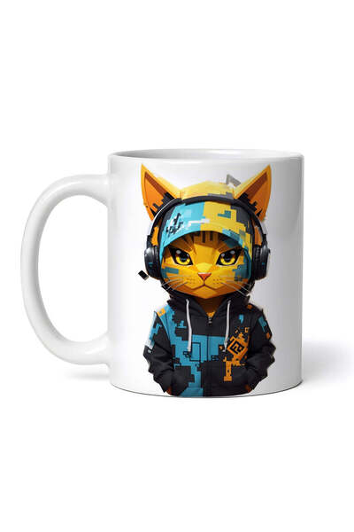 OEM Εξατομικευμένη λευκή κούπα, Γάτα με ακουστικά, INOVATIX®. 330ml