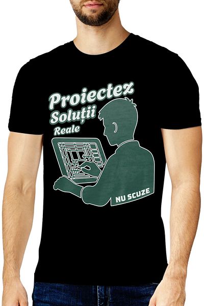 StoryGift Romania Tricou Barbati Arhitect Cu Tableta Text Proiectez Solutii, Nu Scuze Cu Imprimeu Pe Fata, 1 Stg