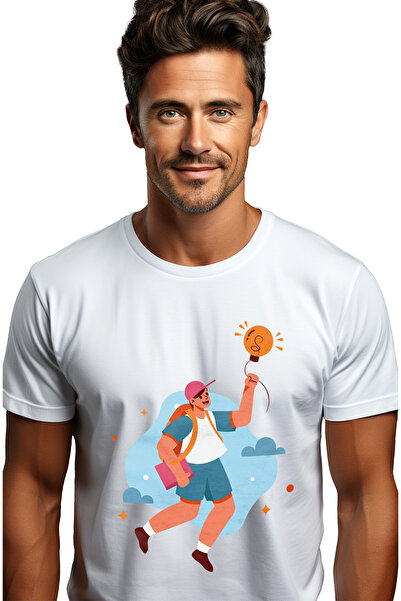 StoryGift Romania Tricou Barbati Cu Balon, Bec, Elev, Ghiozdan, Nori, Cer, St...