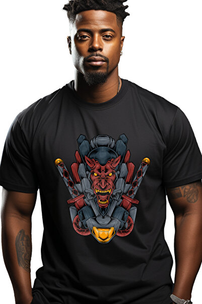 StoryGift Romania Tricou Barbati Cu Demon, Robot, Mecha, Sabii, Coarne, Cyberpunk, Cu Imprimeu Pe Fata, 100 Stg