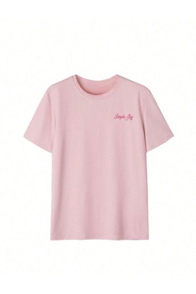 aynewmoda Tricou roz oversize 100% bumbac cu decolteu barcă cu imprimeu Dope