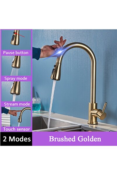 Blackswan Design Baterie chiuveta bucatarie, Blackswan, Tip M88 senzor, 2 moduri si buton Pauza, auriu mat, 42 cm