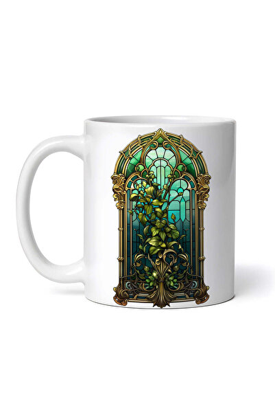 OEM Cană albă personalizată, vitraliu smarald cu frunze, INOVATIX®. 330ml