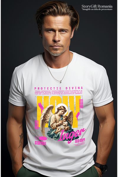 StoryGift Romania Tricou Barbati Protectie Divina - Ingerul Pazitor Cu Imprimeu Pe Fata, 100% Bumbac, Alb, Stg