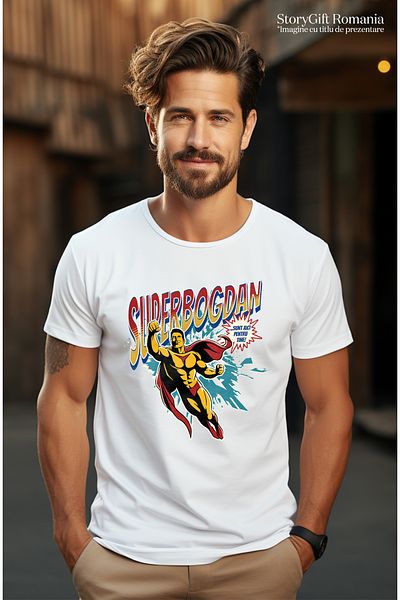 StoryGift Romania Men's T-Shirt Super Bogdan, Superhero I'm Here For You With Print On The Front, 100% Bum Stg