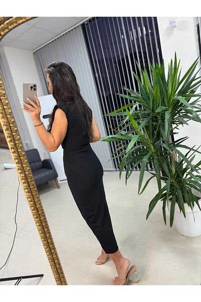 GALAVİP Women's New Season Shoulder Padded Black Tie Dress