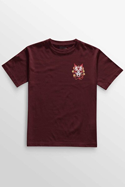 Kretas Unisex bordo T-shirt kitsune maska japanska kultura minimalistička pre...